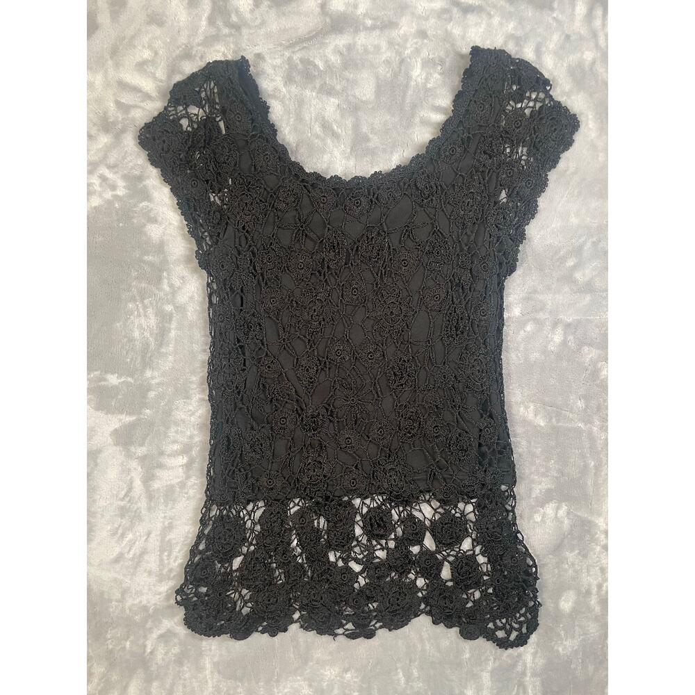 Vintage y2k black crochet longline layered top Newport News M blouse babydoll - Picture 9 of 9